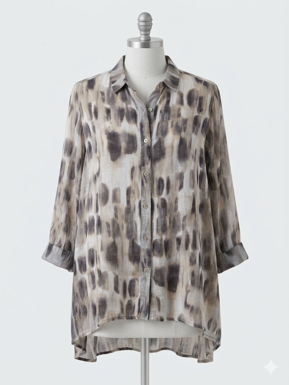 Comfy USA Taupe & Gray Watercolor-Print Button Front Tunic